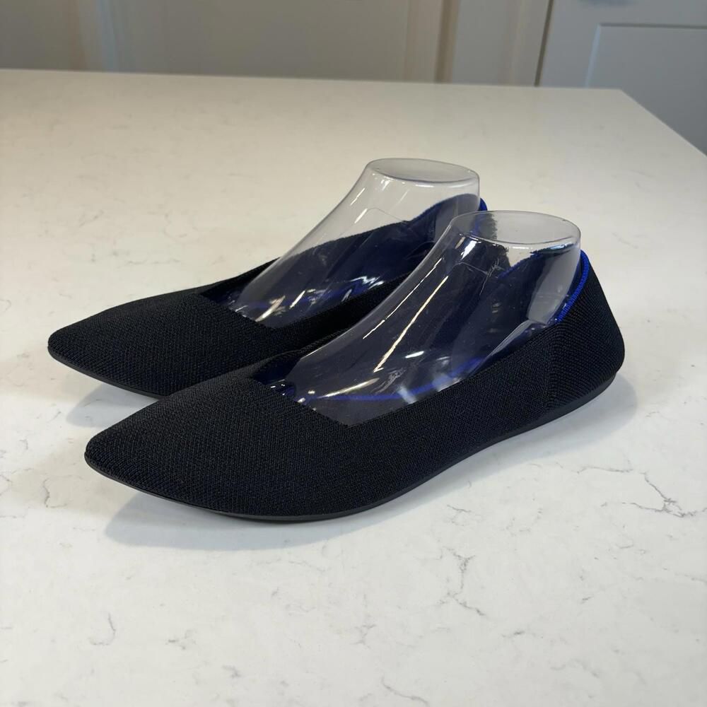 Rothy's Black Pointed Knit Flats with Blue Trim